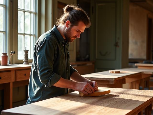 Founder of Ochre Oriel in a sunlit workshop, surrounded by natural wood and tools, demonstrating craftsmanship
