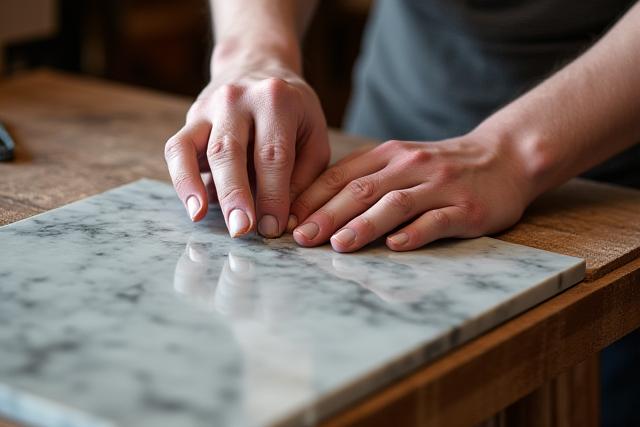 Close-up of a craftsman's hands working on wood, emphasizing detailed artistry and bespoke creation at Ochre Oriel.