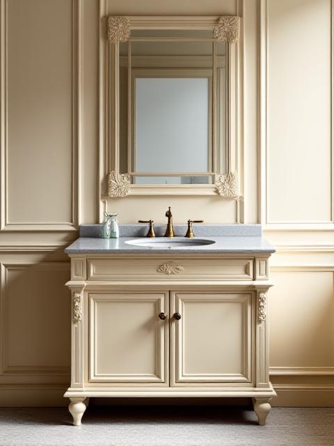 Classic bathroom vanity with a traditional, hand-painted finish and brass fixtures