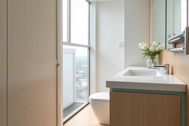 Compact bathroom with clever integrated storage solutions and bright, minimalist decor