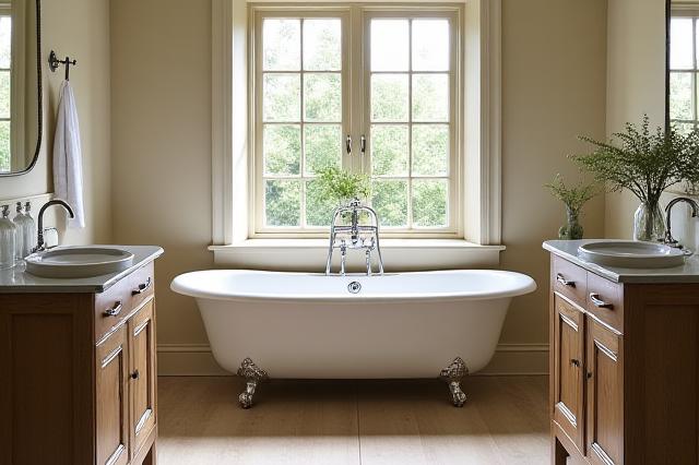 Elegant country-style bathroom with a vintage freestanding tub and a bespoke wooden washstand