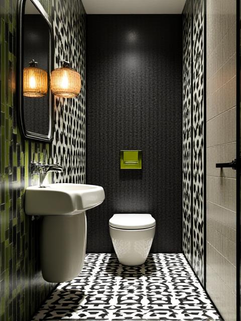 Geometric tiled powder room with a custom minimalist pedestal sink and artistic lighting