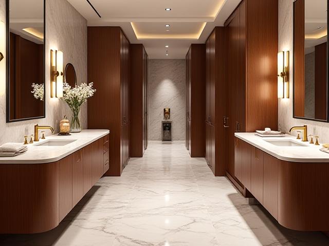 Luxurious master bathroom featuring a large double vanity with ample storage and soft ambient lighting