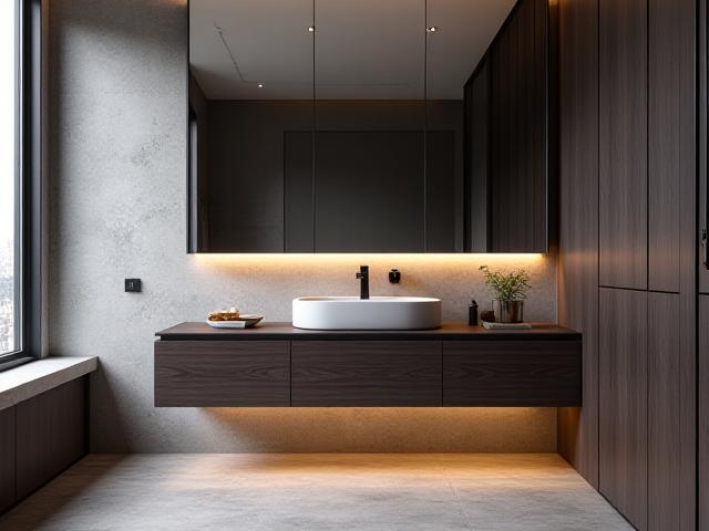 Sleek modern master suite bathroom with dark wood vanity and minimalist design