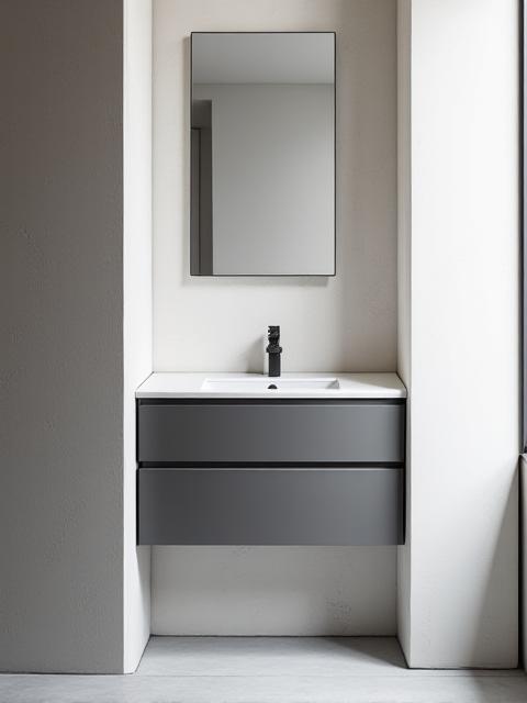 Sleek minimalist corner vanity in a small modern bathroom, maximising space efficiency