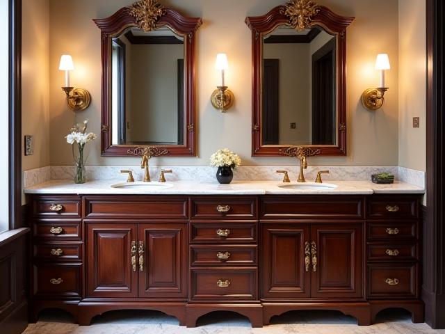 Traditional double sink vanity with ornate detailing and marble countertop in a classic master bath