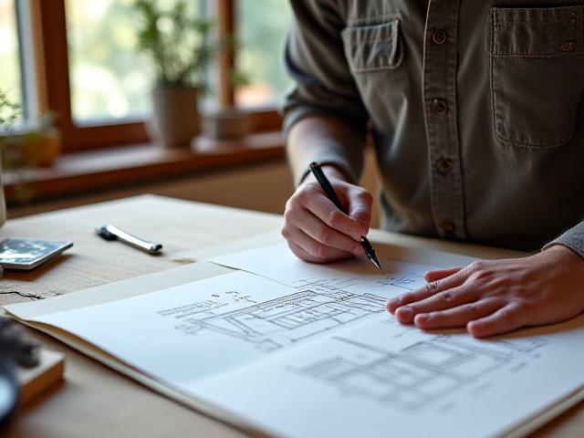 Artisan working on bespoke furniture design sketches in a studio, showcasing attention to detail and craftsmanship