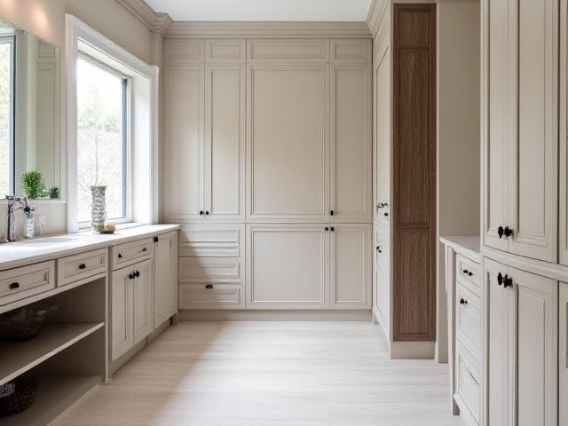 Elegant custom bathroom cabinetry in a neutral tone with integrated storage solutions, showing clean lines and thoughtful design