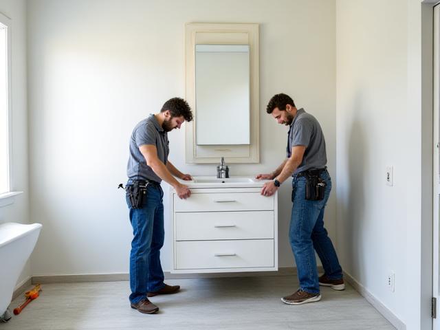 Professional installers carefully placing a custom vanity into a newly renovated bathroom, clean and precise work