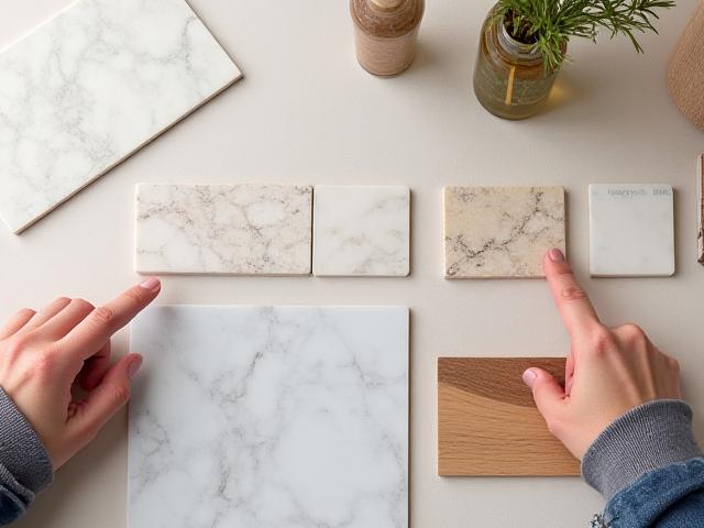 Several material samples like wood, stone, and fabric swatches arranged on a table, with a designer's hand pointing at one, signifying a material consultation.