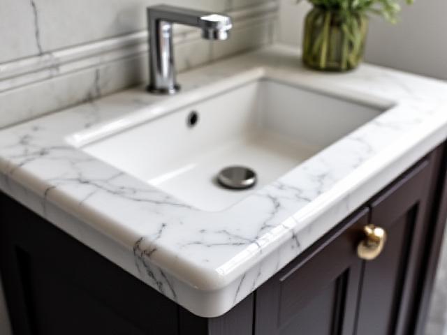 Luxurious bathroom vanity with a white marble countertop integrated sink and dark bespoke cabinetry, showcasing high-end craftsmanship