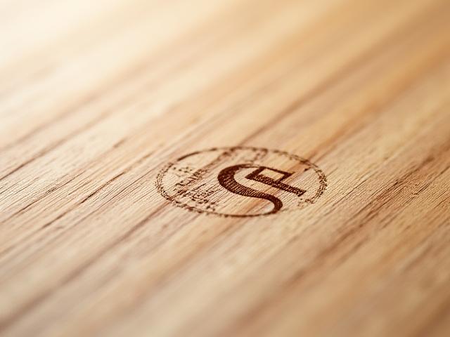 Close-up of wood grain with an FSC certification stamp, highlighting sustainable timber sourcing for furniture