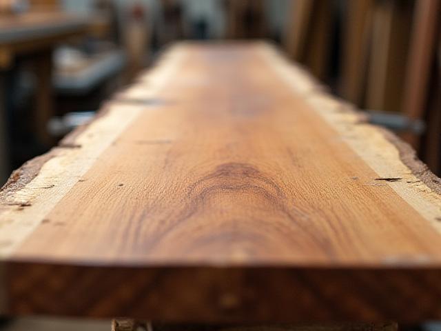 Close-up of a beautiful, natural slab of raw wood with prominent grain in a workshop setting.